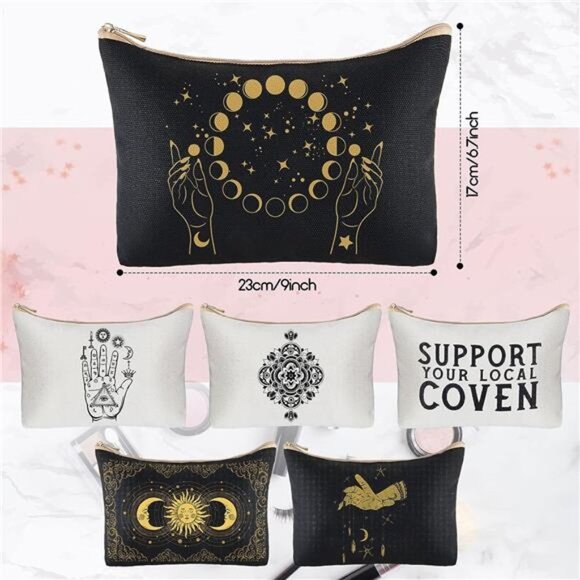 6 Pieces Gothic Moon Witch Tarot Toiletry Makeup Bags Zippered Cosmetics Bag - Picture 2 of 7